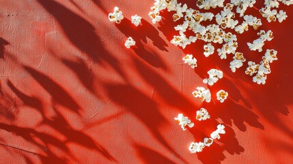 Poster - A red background with a bunch of white popcorn on it