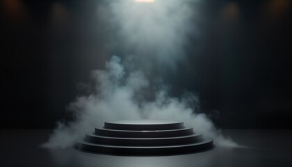Poster - Empty dark pedestal with spotlights, smoke. Modern design. Suitable for product display fashion presentation. Dark studio background. Ideal for items. Dramatic lighting creates atmospheric mood.