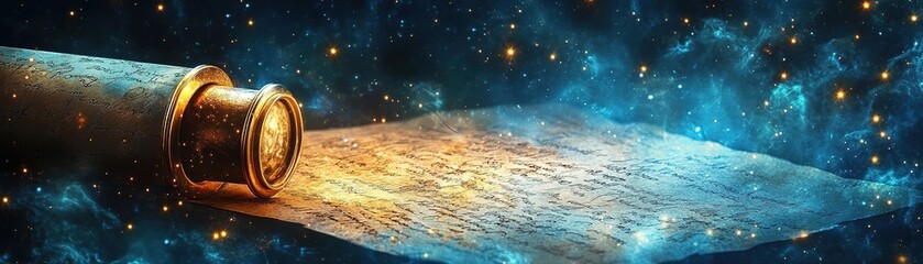 Wall Mural - exploring cosmic mysteries ancient manuscript with telescope deep space digital art ethereal environ