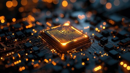 Poster - High-Resolution Macro Shot of a Circuit Board with Illuminated Microchip
