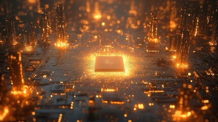  - Illuminated Circuit Board in a Futuristic Cityscape