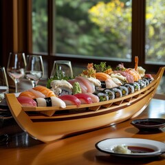a tantalizing sushi boat filled with an array of nigiri, sashimi, and specialty rolls