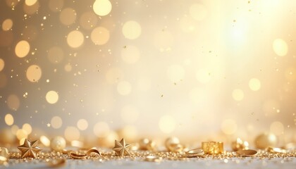 Poster - Elegant gold glitter confetti background perfect for festive occasions like birthdays wedding anniversaries, New Years celebrations. Golden stars, decorative elements scattered. Joyful, glamorous