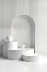 Poster - Empty white podiums with archway. Modern interior design scene. Minimalist architecture style. Luxury home bathroom. Stylish illustration. Product display advertising design. Geometric shapes. New