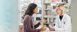 © peopleimages.com - Medicine, client and consulting pharmacist by counter for pills side effects, prescription drugs dosage and advice. Banner, women and customer service in pharmacy with pharmaceutical help and opinion