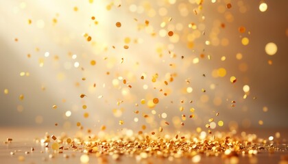 Aufkleber - Golden confetti falling softly against light beige background. Glitter particles create festive atmosphere. Confetti scattered on surface below. Beautiful party celebration backdrop. Great for