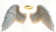 © Pete - Pair large white angel wings with golden halo float on plain white background. Detailed feather patterns highlight delicate design. Spiritual imagery conveys peace, purity. Art piece suitable for