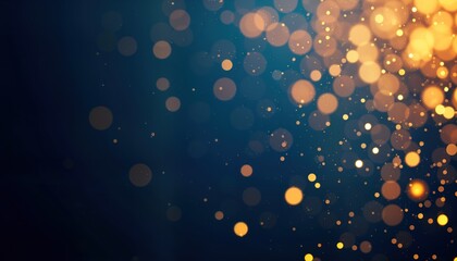 Poster - Abstract background features dark blue, gold particles. Golden light bokeh particles scattered on navy blue foil texture. Festive holiday concept perfect for various design projects. Suitable for
