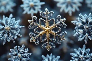 Poster - Delicate snowflakes create a lacy pattern on a winter surface