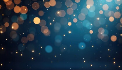 Poster - Abstract festive background with blurred bokeh lights. Glittering stars, sparkling effects create celebratory night scene. Dark blue backdrop. Ideal for Christmas, New Year templates holiday designs.