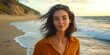 © Irina Ukrainets - A young woman stands on the beach at sunset with gentle waves in the background. Her hair flows freely in the breeze. Enjoy nature and the beauty of life. AI.