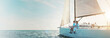 © peopleimages.com - Travel, holiday and couple on boat at sea for sailing adventure, summer cruise and sightseeing nature. Banner, space and mature people on yacht together for exploring ocean, vacation or weekend break