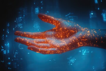 Poster - Silhouette of a hand displaying biometric scanners against a futuristic background
