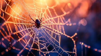 Spider on a dew kissed spiderweb at sunset. Concept of nature, wildlife, and intricate detail.