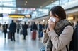 © Milos - In a busy train station, a woman appears concerned while sneezing into a tissue, reflecting her struggle with health issues in a hectic urban environment.