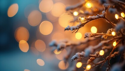 Poster - Festive winter scene with warm golden lights decorating snow-covered branches. Blurred background shows lights creating magical atmosphere. Beautiful night view. Festive decorations create warm,