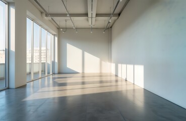 Poster - Empty minimalist gallery space boasts stark white walls, polished concrete floors. Dramatic shadows cast geometric patterns across floor emphasizing emptiness, design potential. Natural light streams