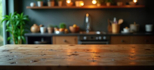 Aufkleber - Empty wooden table in dark kitchen. Soft lighting creates cozy atmosphere. Blurred background shows kitchen interior design. Rustic style kitchen with wooden cabinets, countertop. Ideal for product