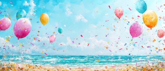 Colorful Balloons and Celebratory Confetti Floating Over a Bright Sandy Beach Under a Clear Blue Sky