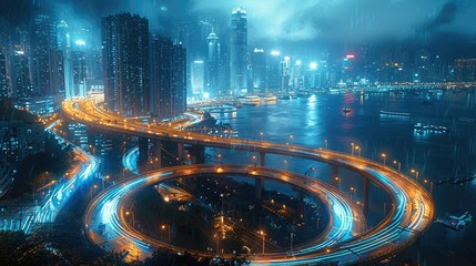 Poster - A vibrant cityscape at night with illuminated buildings and a winding road over water.