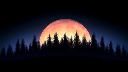 Canvas Print - Large orange moon rising behind silhouetted pine forest at night.