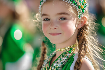 Smiling girl in green dress at colorful festival background