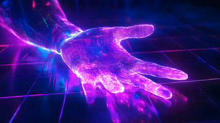 Wall Mural - Futuristic Glitched Hand with Neon Light Effects in Digital Space