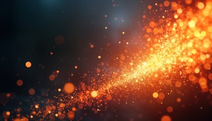 Aufkleber - Dynamic graphic illustration displays vibrant orange, golden particles in motion. Abstract image evokes energy, power. Colorful particles stream in dynamic path across dark background. Image looks