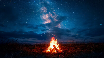Wall Mural - campfire under a stunning starry sky filled with shining stars, ideal for outdoor adventures.