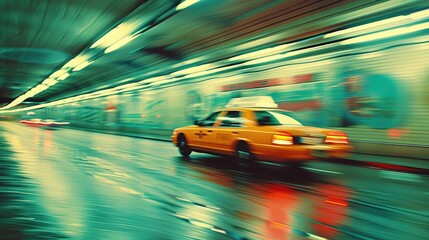 Poster - A vibrant yellow taxi speeds through a blurred urban tunnel, reflecting colorful lights.