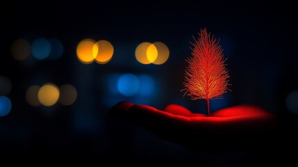 Wall Mural - Glowing red miniature tree in hand, dark bokeh background.