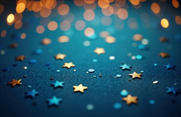 Poster - Blue background with gold, blue confetti stars, sparkles. Festive, bright design. Holiday greeting card mockup. Minimalist, elegant flat lay. Abstract pattern for wallpaper or gift card design.