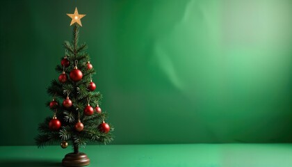 Poster - Small green Christmas tree with red ornaments, golden star on top against soft focus green backdrop. Festive holiday decor for Christmas New Year celebration. Decorative design element for seasonal