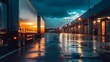 © atar - Trucks at a Logistics Center at Sunset, Raining