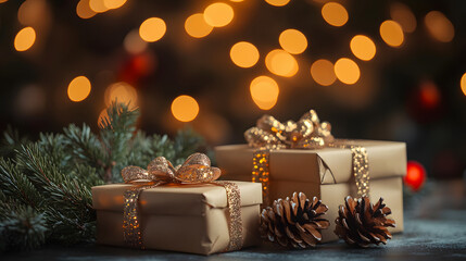 Wall Mural - A festive Christmas and New Year background featuring gift boxes, pine cones, and garland lights.