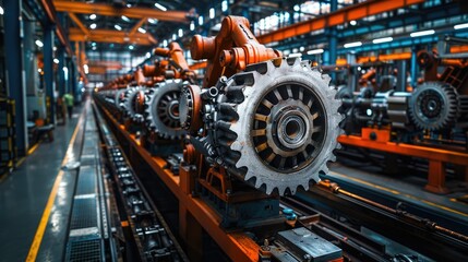 Poster - Industrial machinery with robotic arms and gears in a manufacturing setting.