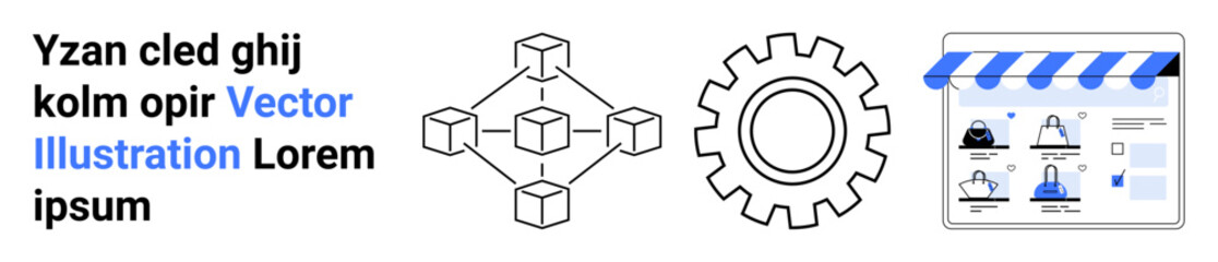Blockchain network symbol, gear cog, and online store interface with product display. Ideal for blockchain, technology, e-commerce, online shopping, digital transformation, web development