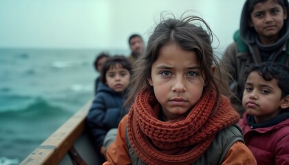 Albanian refugee children travel in crowded boat on sea. Children look worried. Escaping hardship, danger. Journey full of challenges, risks. Photo evokes sense of difficult situation, need for help.