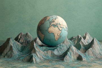 Poster - Artistic globe above metallic mountains with technical elements for global navigation tools