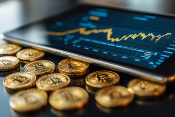 Poster - Bitcoin cryptocurrency coins showing decreasing values on tablet screen chart