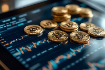 Fototapete - Bitcoin cryptocurrency coins lying on tablet showing stock market data chart