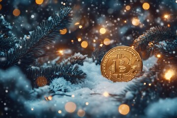 Poster - Bitcoin cryptocurrency coin laying on snow under christmas tree with fairy lights, representing a festive investment during winter holidays