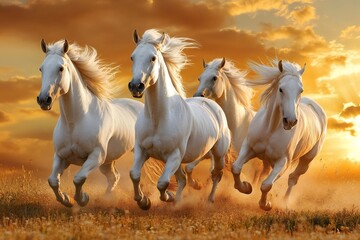 Wall Mural - white horses running in a field at sunset