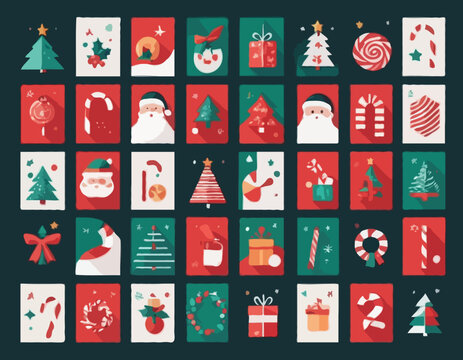 Merry Christmas advent calendar with geometric icons. Modern minimalist holiday stickers. Candy cane, Santa, Christmas tree, holly, gifts. Xmas poster, banner, card. Vector flat illustration.