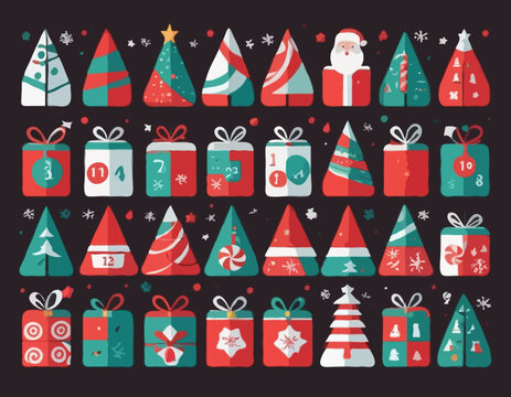 Merry Christmas advent calendar with geometric icons. Modern minimalist holiday stickers. Candy cane, Santa, Christmas tree, holly, gifts. Xmas poster, banner, card. Vector flat illustration.