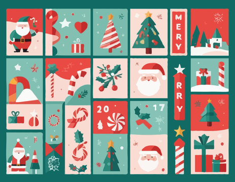Merry Christmas advent calendar with geometric icons. Modern minimalist holiday stickers. Candy cane, Santa, Christmas tree, holly, gifts. Xmas poster, banner, card. Vector flat illustration.