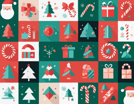 Merry Christmas advent calendar with geometric icons. Modern minimalist holiday stickers. Candy cane, Santa, Christmas tree, holly, gifts. Xmas poster, banner, card. Vector flat illustration.