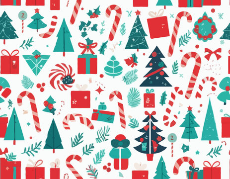 Merry Christmas advent calendar with geometric icons. Modern minimalist holiday stickers. Candy cane, Santa, Christmas tree, holly, gifts. Xmas poster, banner, card. Vector flat illustration.