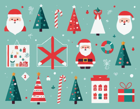 Merry Christmas advent calendar with geometric icons. Modern minimalist holiday stickers. Candy cane, Santa, Christmas tree, holly, gifts. Xmas poster, banner, card. Vector flat illustration.
