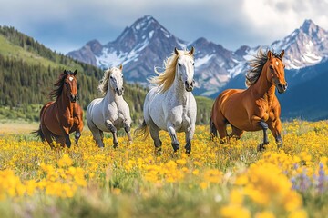 horses running in wildflower field with mountain backdrop